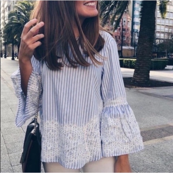 Zara Tops - Zara Women’s Blue Striped White Lace Bell Sleeve Tie Back Blouse‎ Cropped Frilly